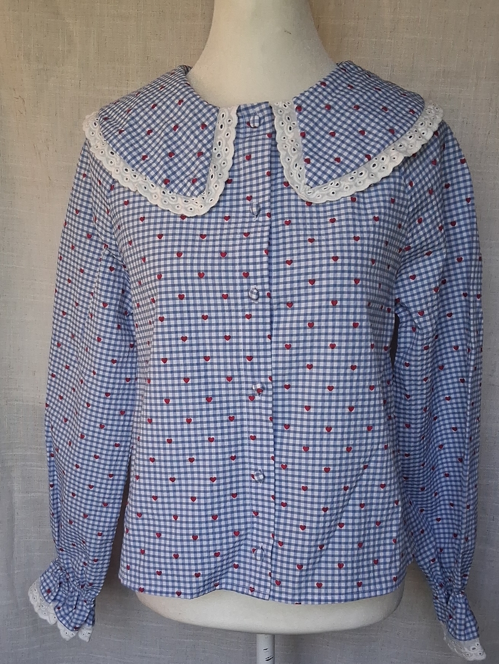 Vigoss Blue Gingham Button-Down Shirt  White Lace Collar and Red Heart Print XS